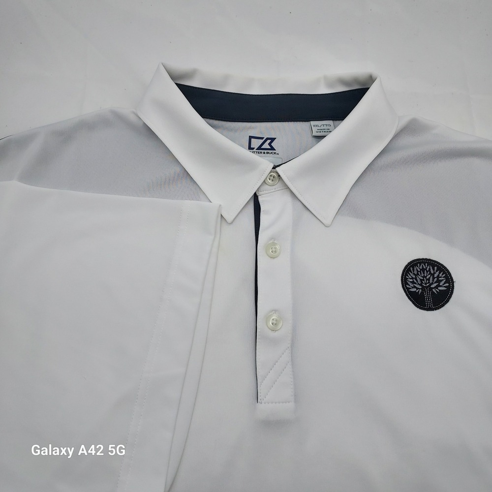 Cutter & Buck Mens XXL White Navy CB DryTec Polo Shirt Tree Logo MCK00988